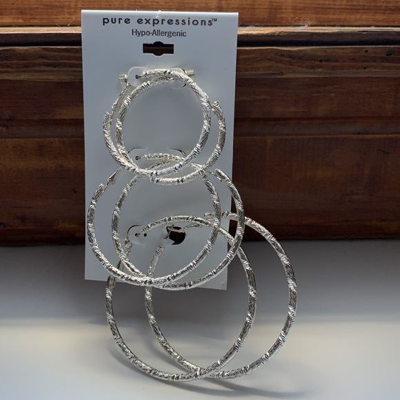 Pure Expressions Hypo-Allergenic Silver Tone Texture Hoop Earrings Set of 3 - Picture 9 of 12